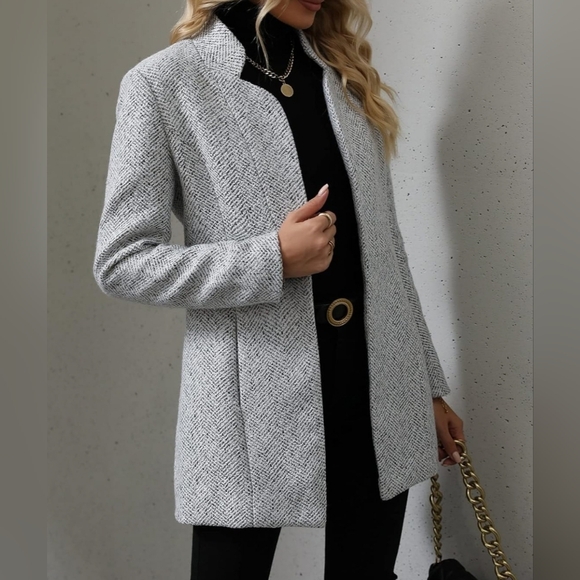 Jackets & Blazers - New Classic Herringbone Tweed Open Front Blazer Jacket White Gray